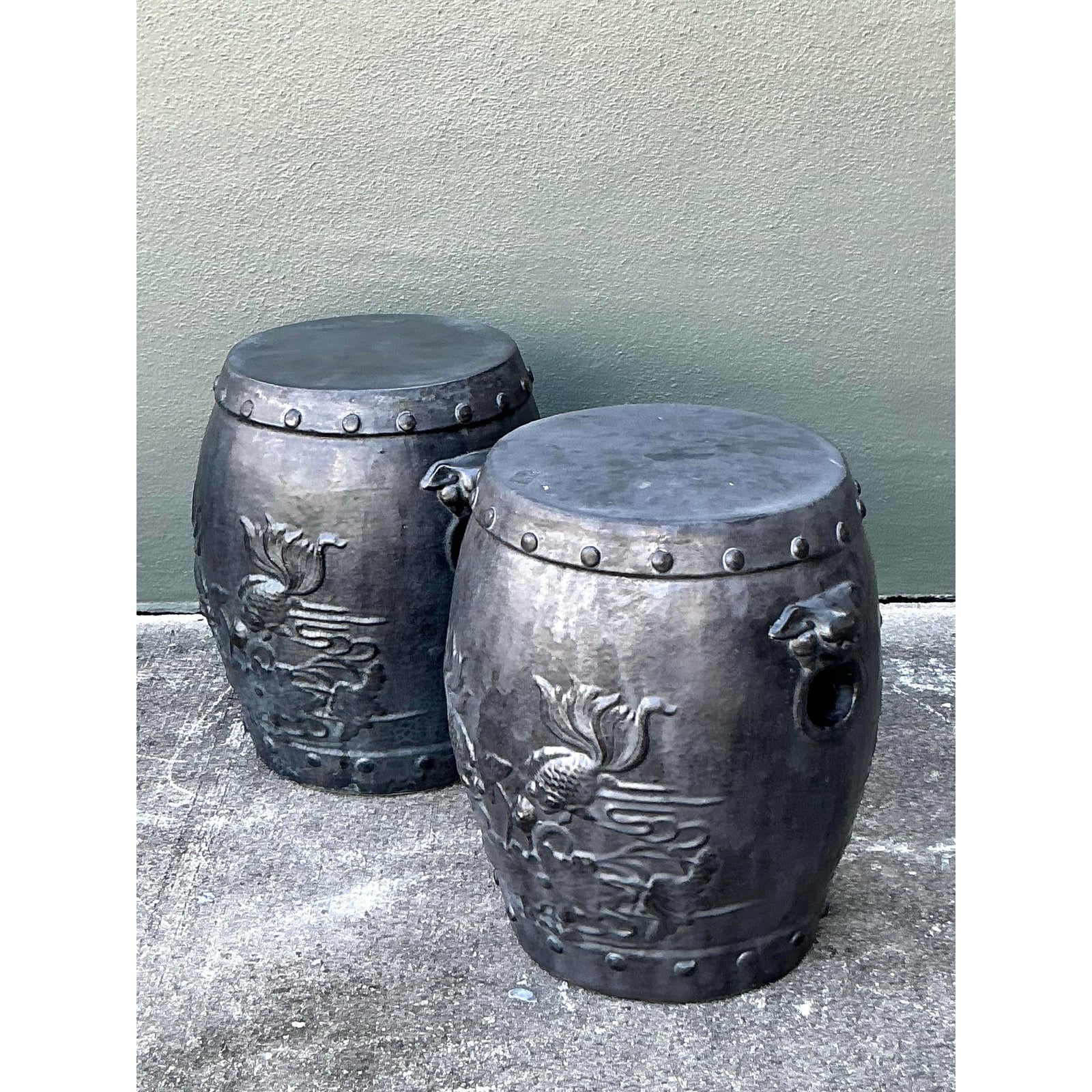 Vintage Chinese Ceramic Garden Stools with Goldfish Relief Design - A Pair - Detail view
