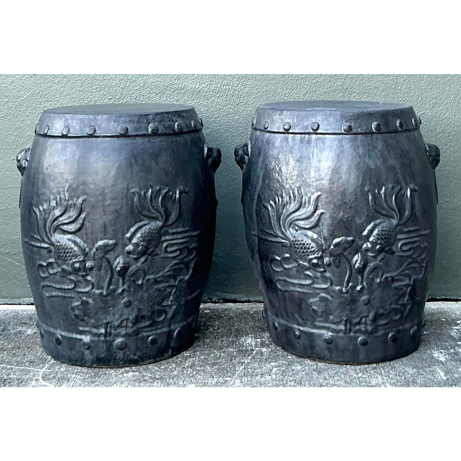 Vintage Chinese Ceramic Garden Stools with Goldfish Relief Design - A Pair - Side view