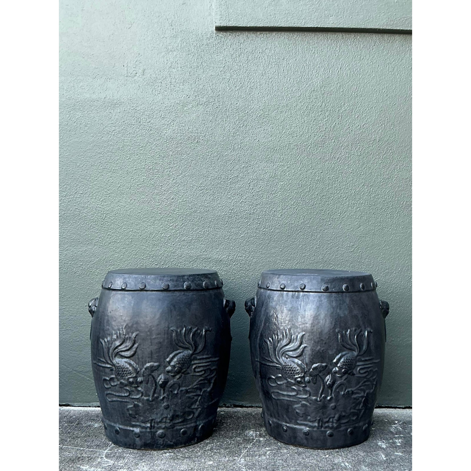 Vintage Chinese Ceramic Garden Stools with Goldfish Relief Design - A Pair - Top view