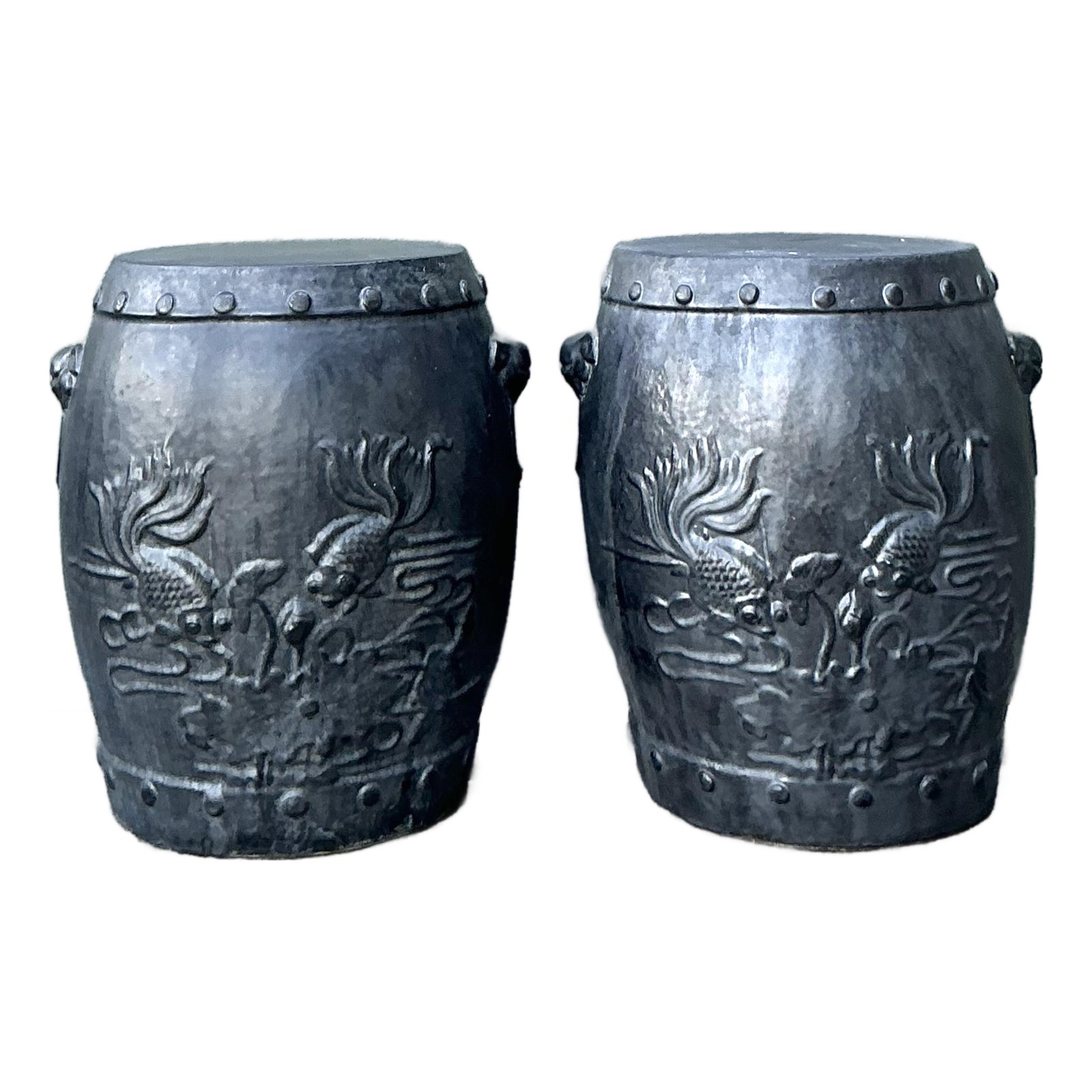 Vintage Chinese Ceramic Garden Stools with Goldfish Relief Design - A Pair