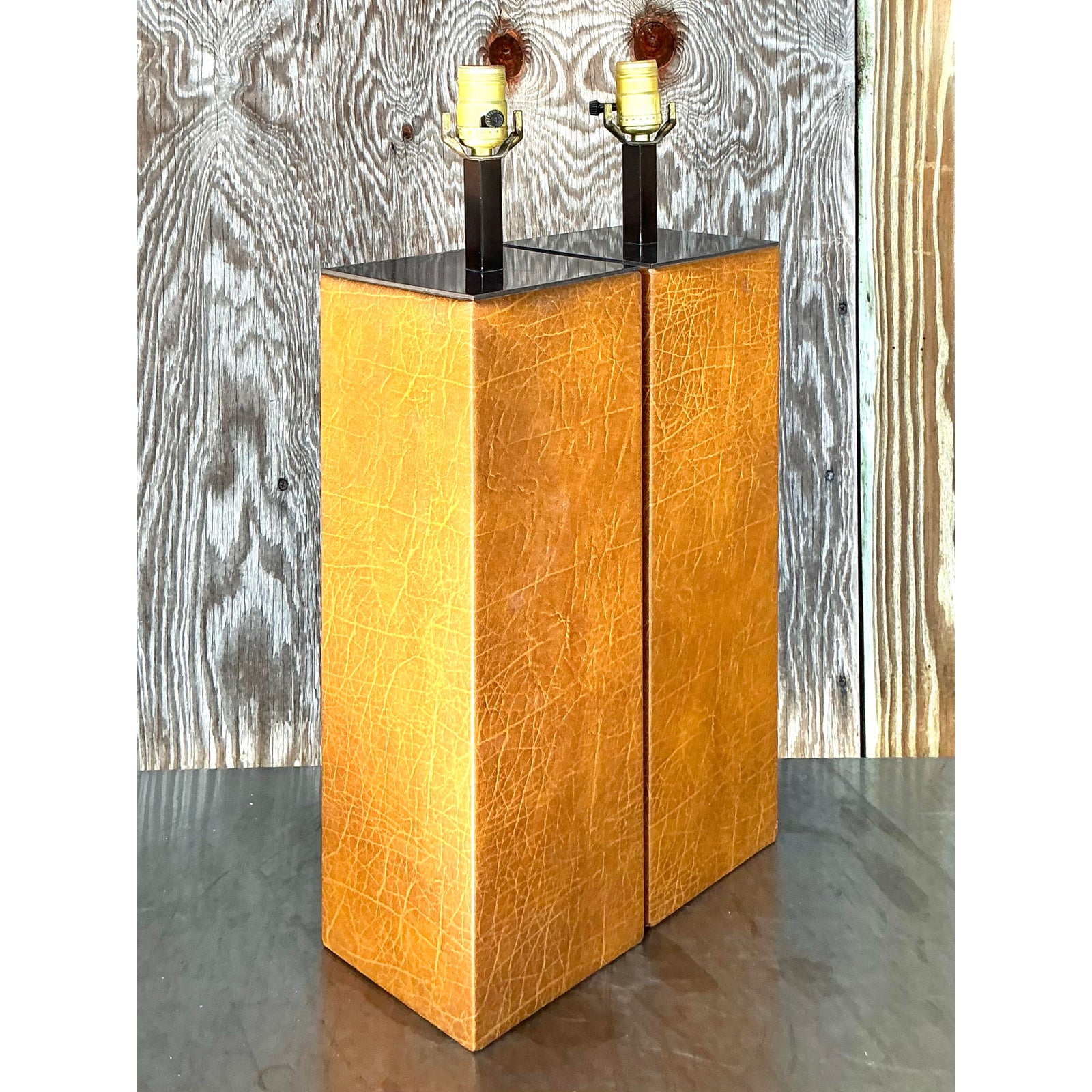 Vintage Boho Wrapped Leather Lamps - a Pair - Detail view