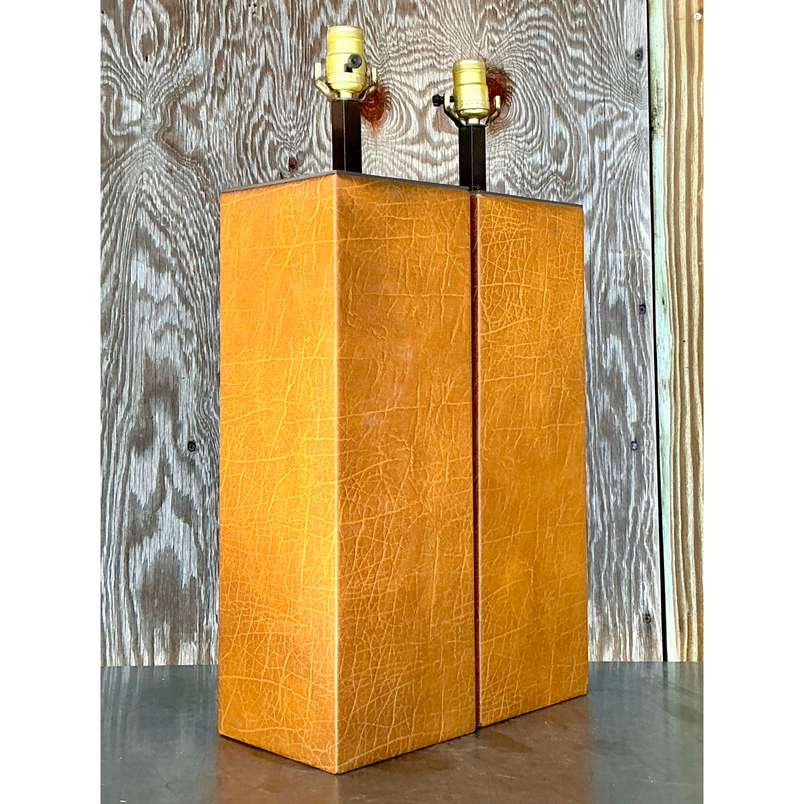 Vintage Boho Wrapped Leather Lamps - a Pair - Side view