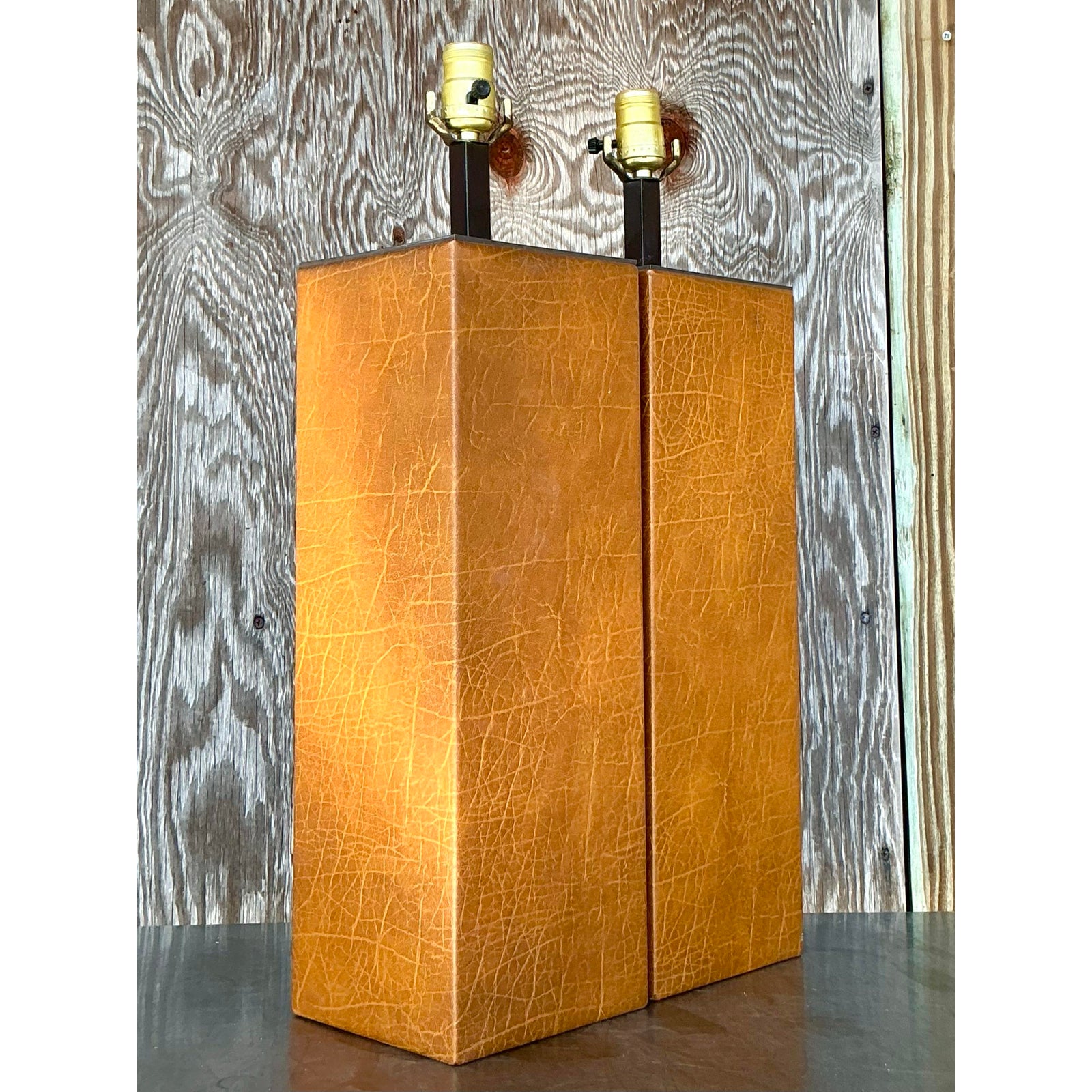 Vintage Boho Wrapped Leather Lamps - a Pair - Back view