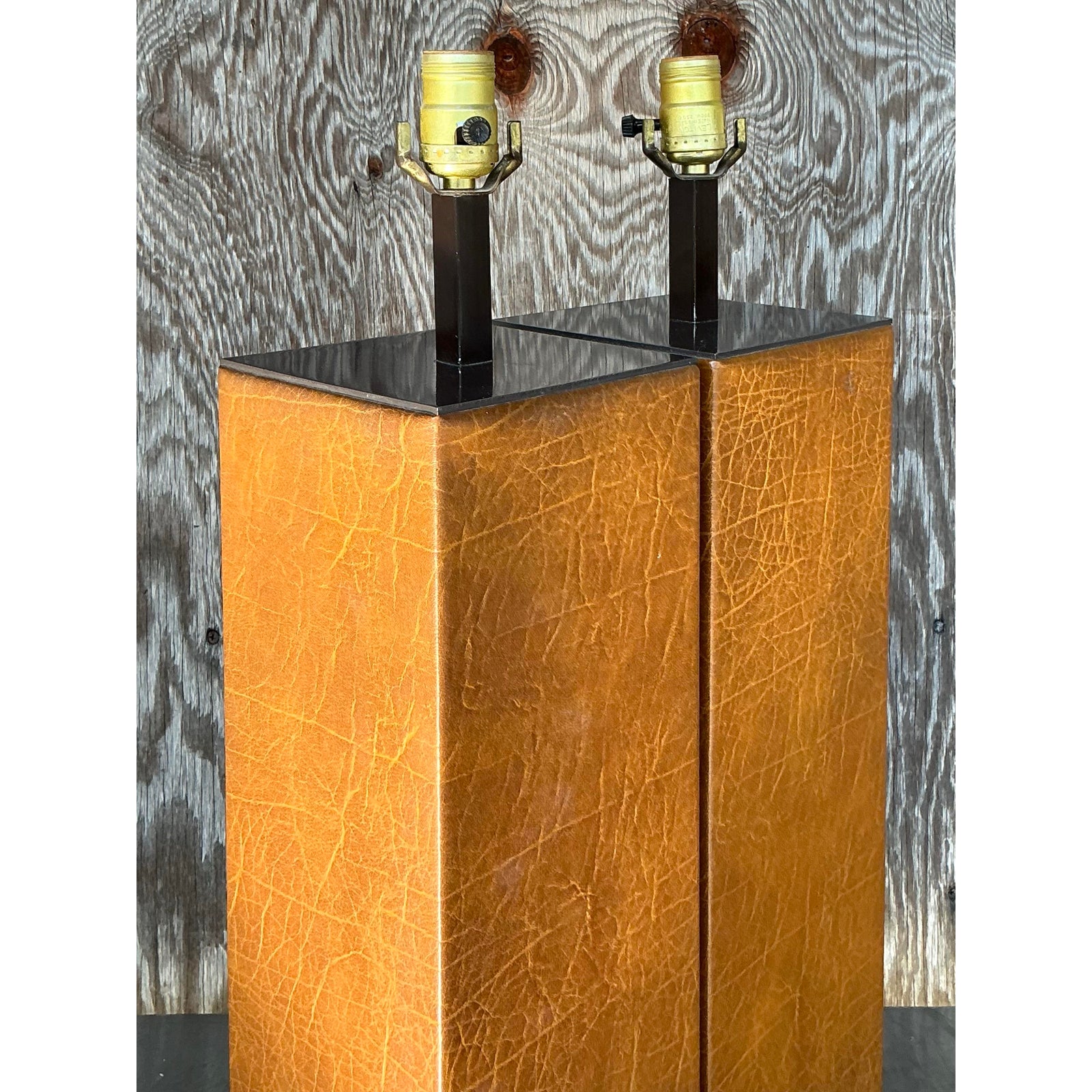 Vintage Boho Wrapped Leather Lamps - a Pair - Top view