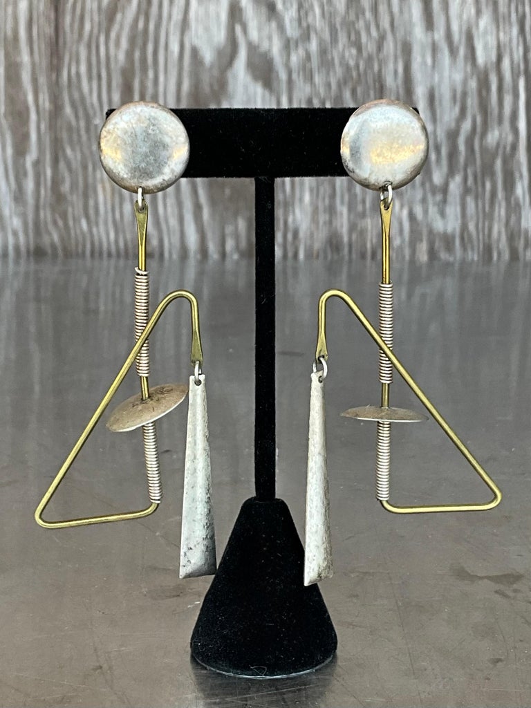 Vintage Abstract Mixed Metal Dangle Earrings - Side view