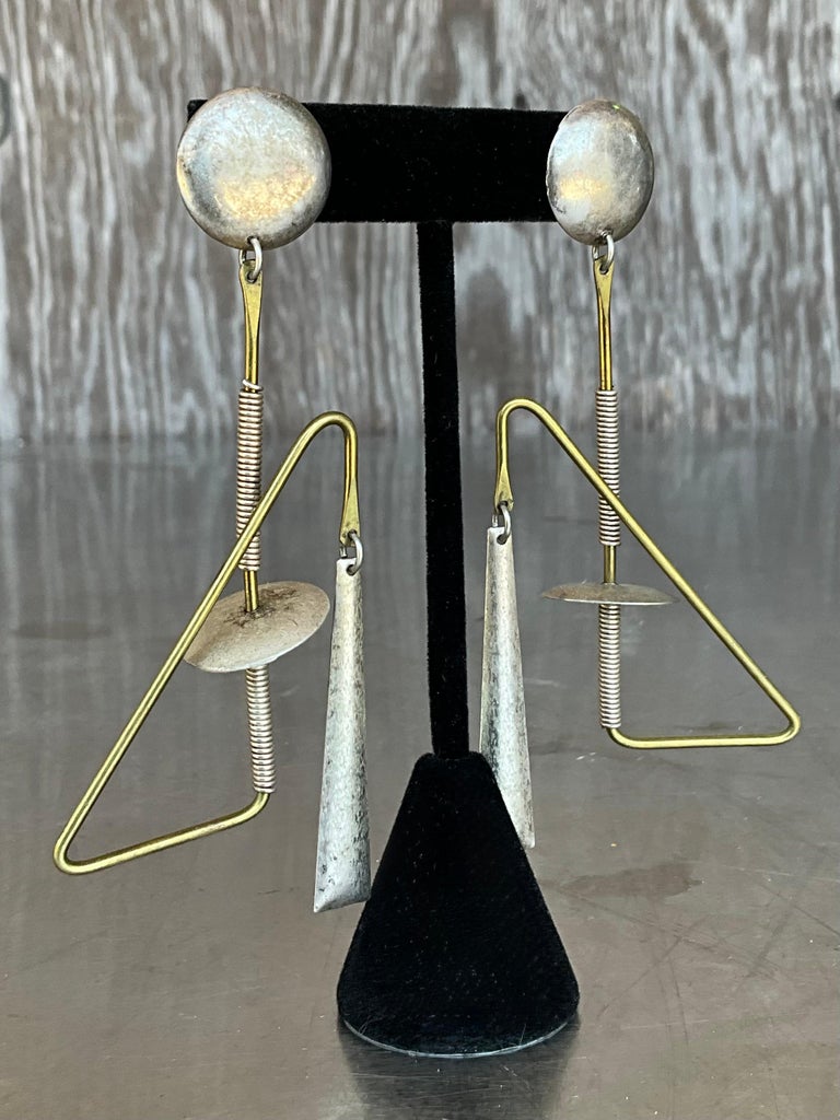 Vintage Abstract Mixed Metal Dangle Earrings - Back view