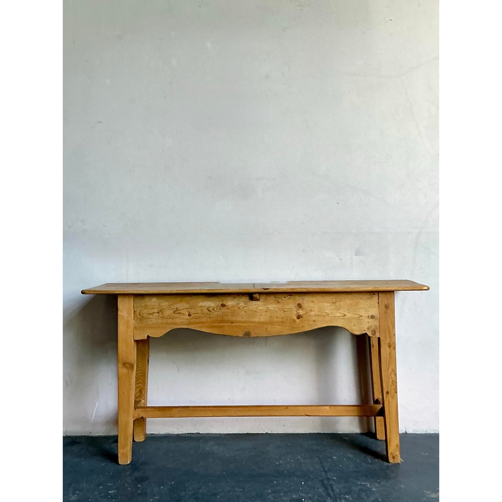 Vintage Boho French Knotty Pine Scalloped Console Table - Top view