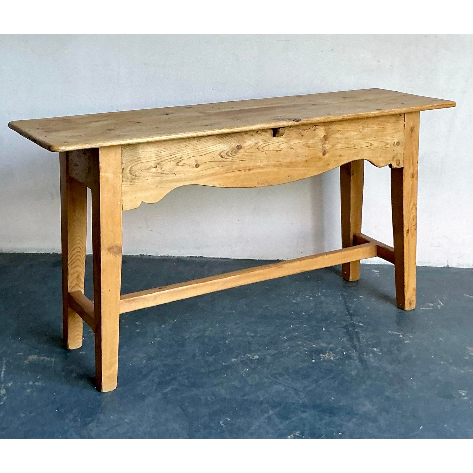 Vintage Boho French Knotty Pine Scalloped Console Table - Detail view