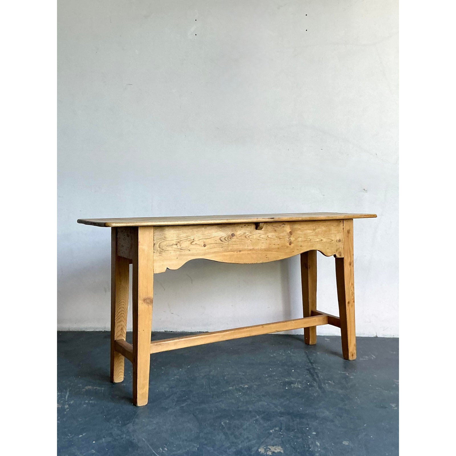 Vintage Boho French Knotty Pine Scalloped Console Table - Back view
