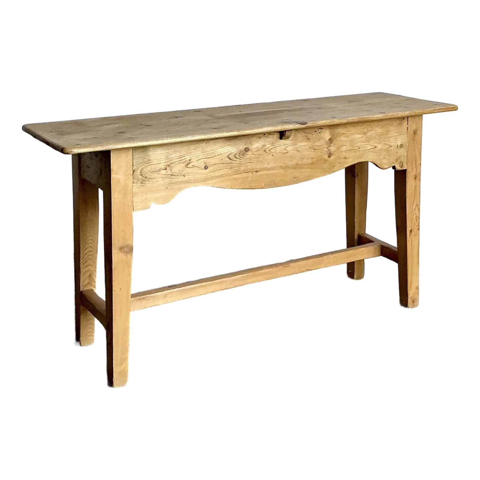 Vintage Boho French Knotty Pine Scalloped Console Table