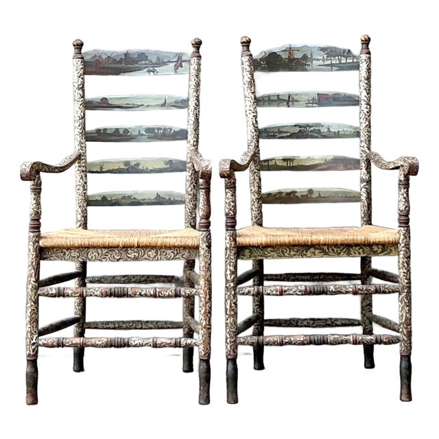 Vintage Boho Hand Painted Pastoral Ladder Back Chairs - A Pair