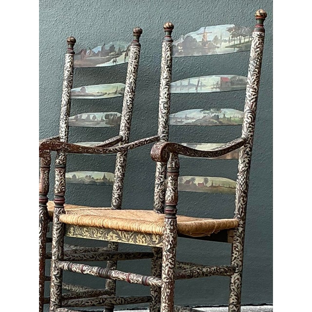 Vintage Boho Hand Painted Pastoral Ladder Back Chairs - A Pair - Detail view