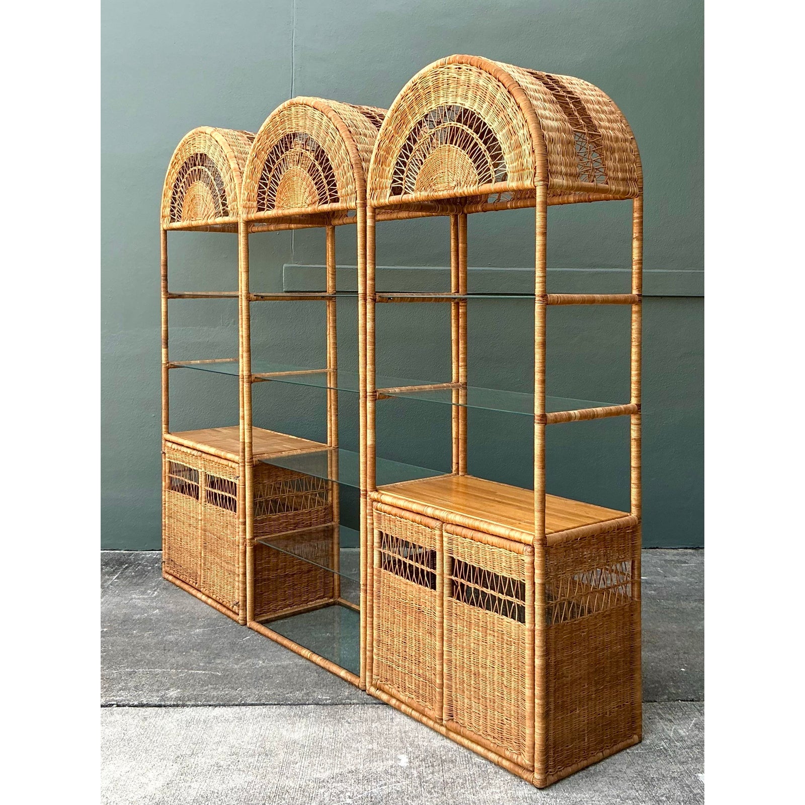 Vintage Boho Woven Rattan Etagere - Set of 3 - Detail view
