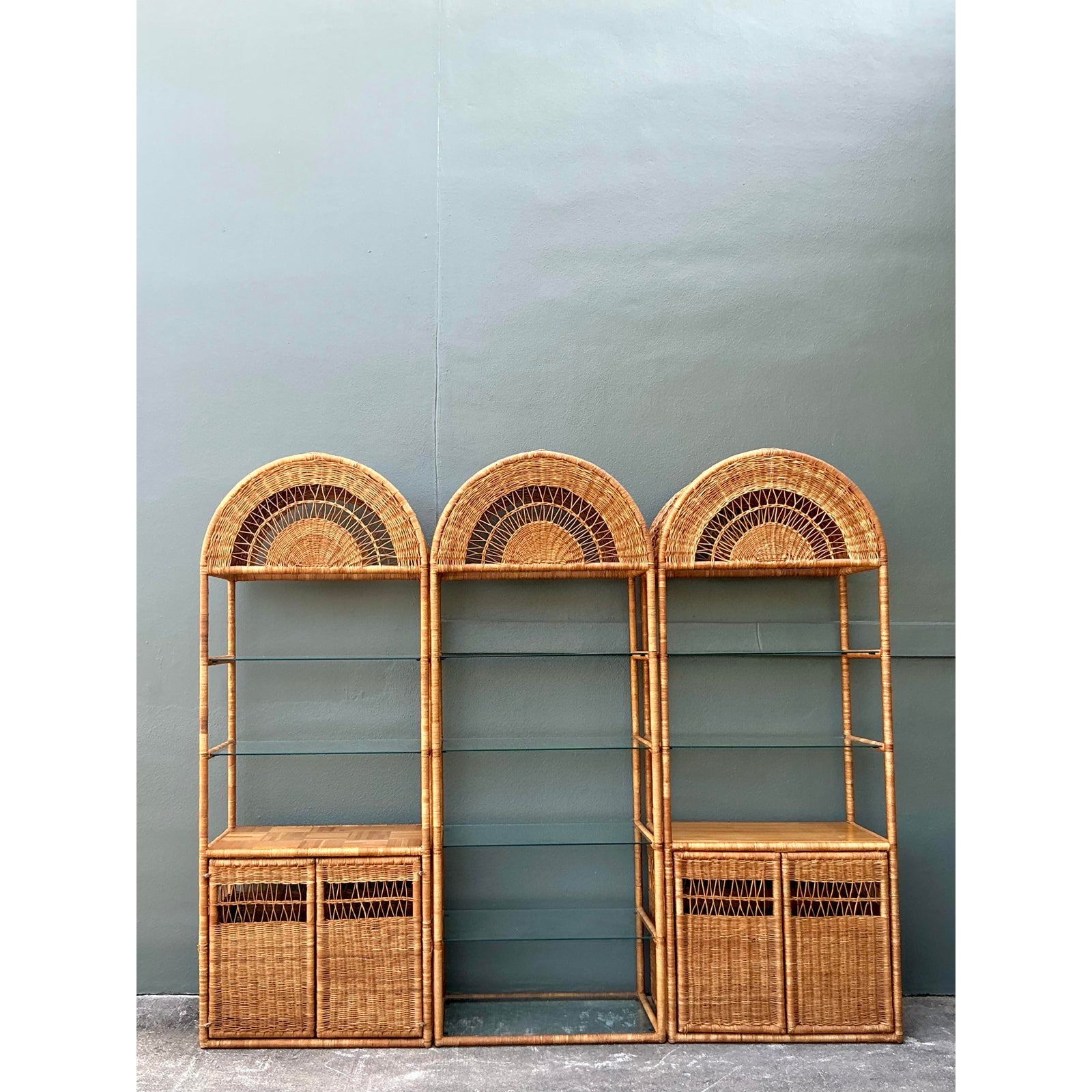 Vintage Boho Woven Rattan Etagere - Set of 3 - Top view