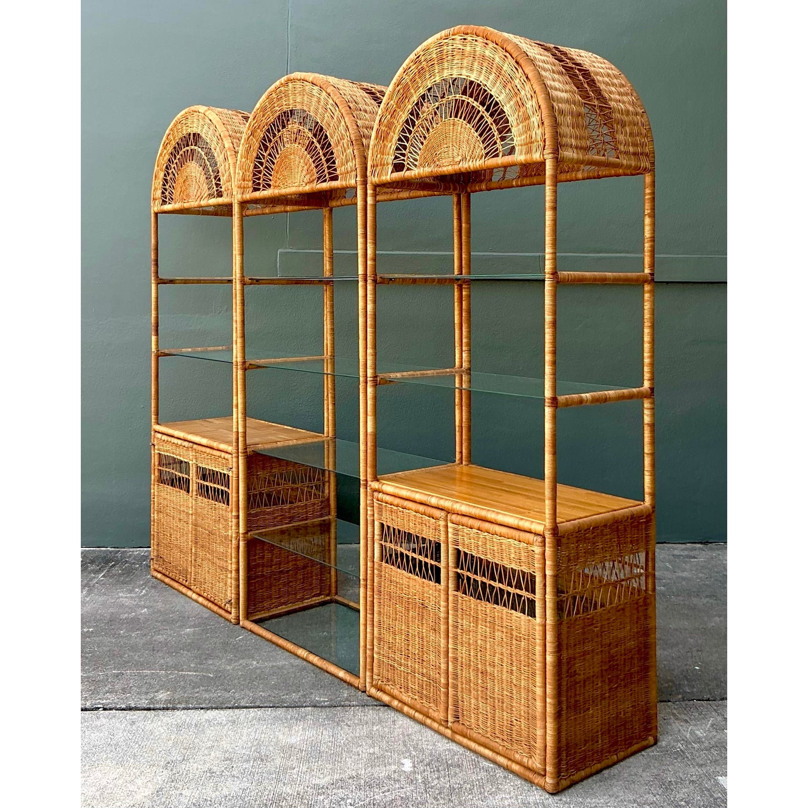 Vintage Boho Woven Rattan Etagere - Set of 3 - Back view