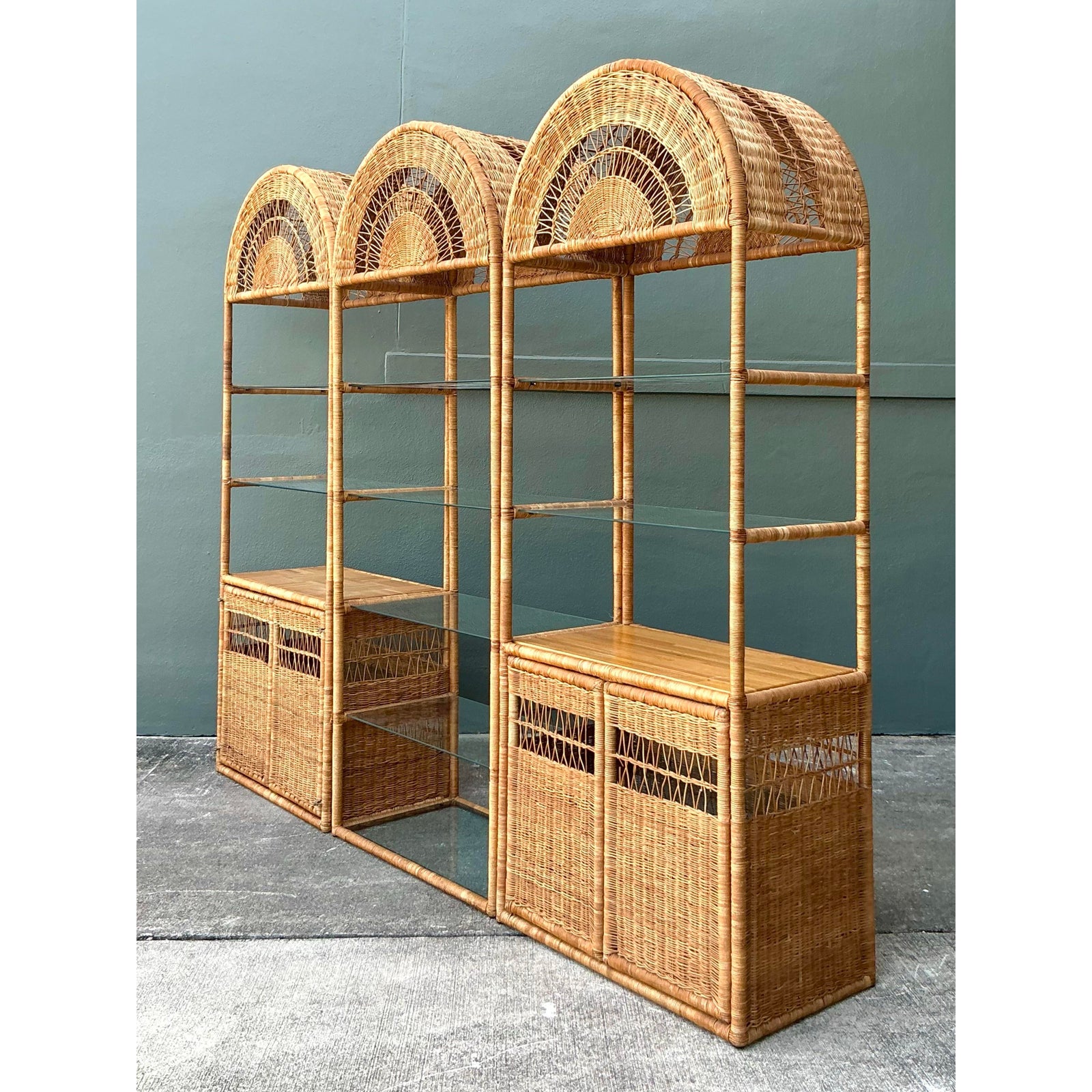 Vintage Boho Woven Rattan Etagere - Set of 3 - Side view