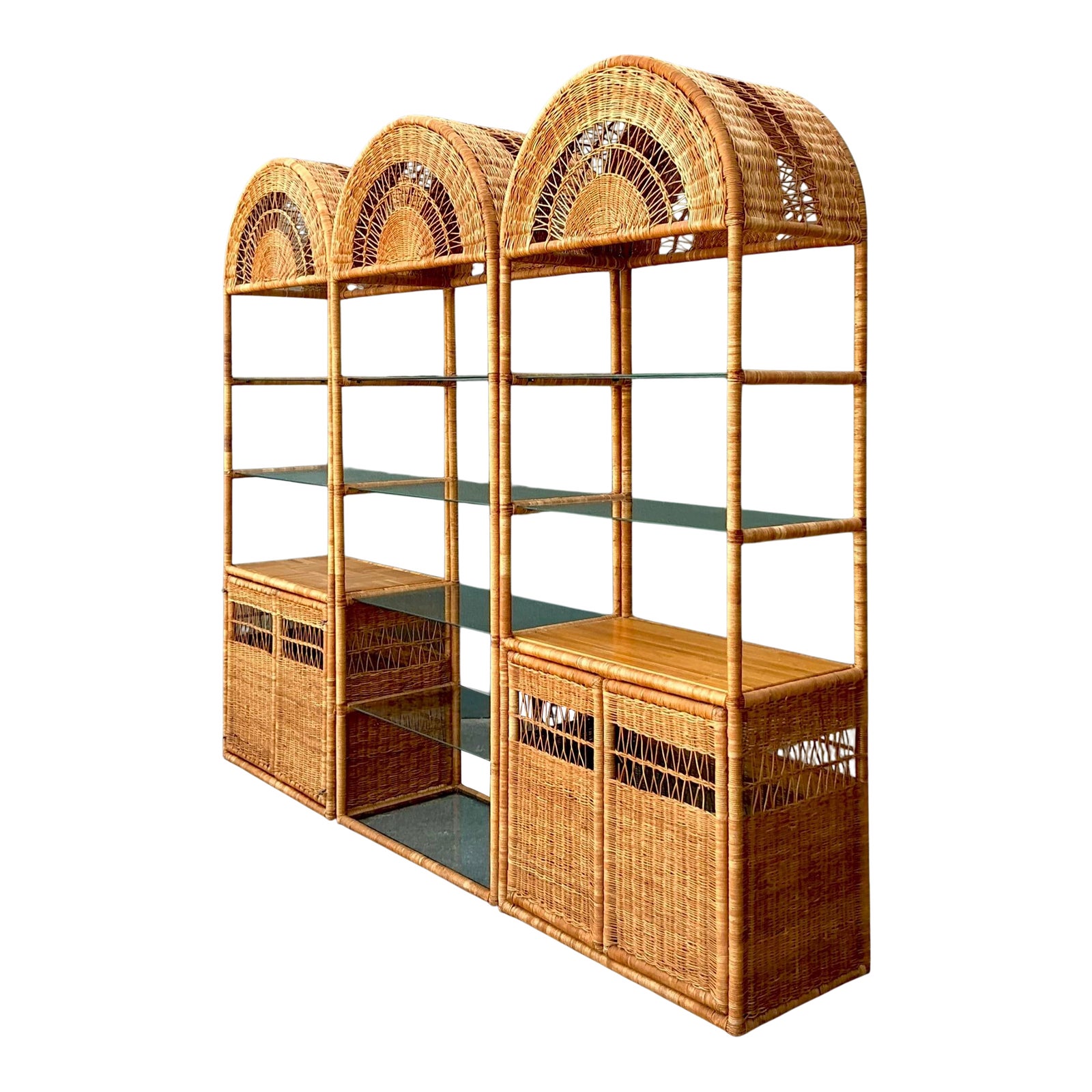 Vintage Boho Woven Rattan Etagere - Set of 3