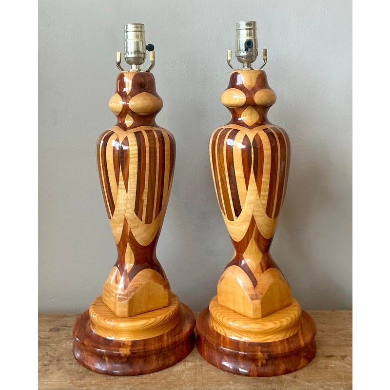 Vintage Boho Marquetry Wood Lamps - A Pair - Detail view
