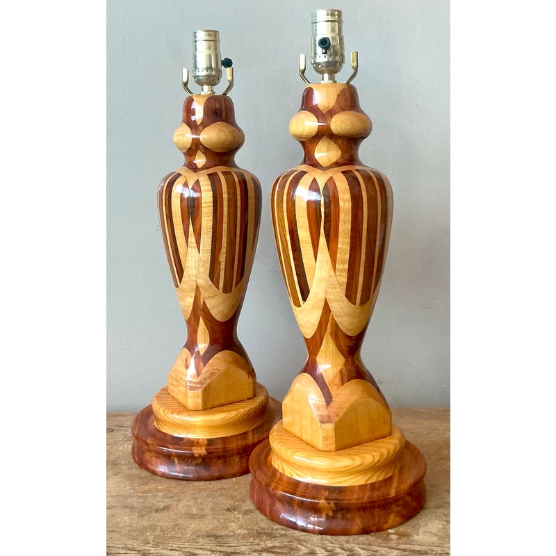 Vintage Boho Marquetry Wood Lamps - A Pair - Side view