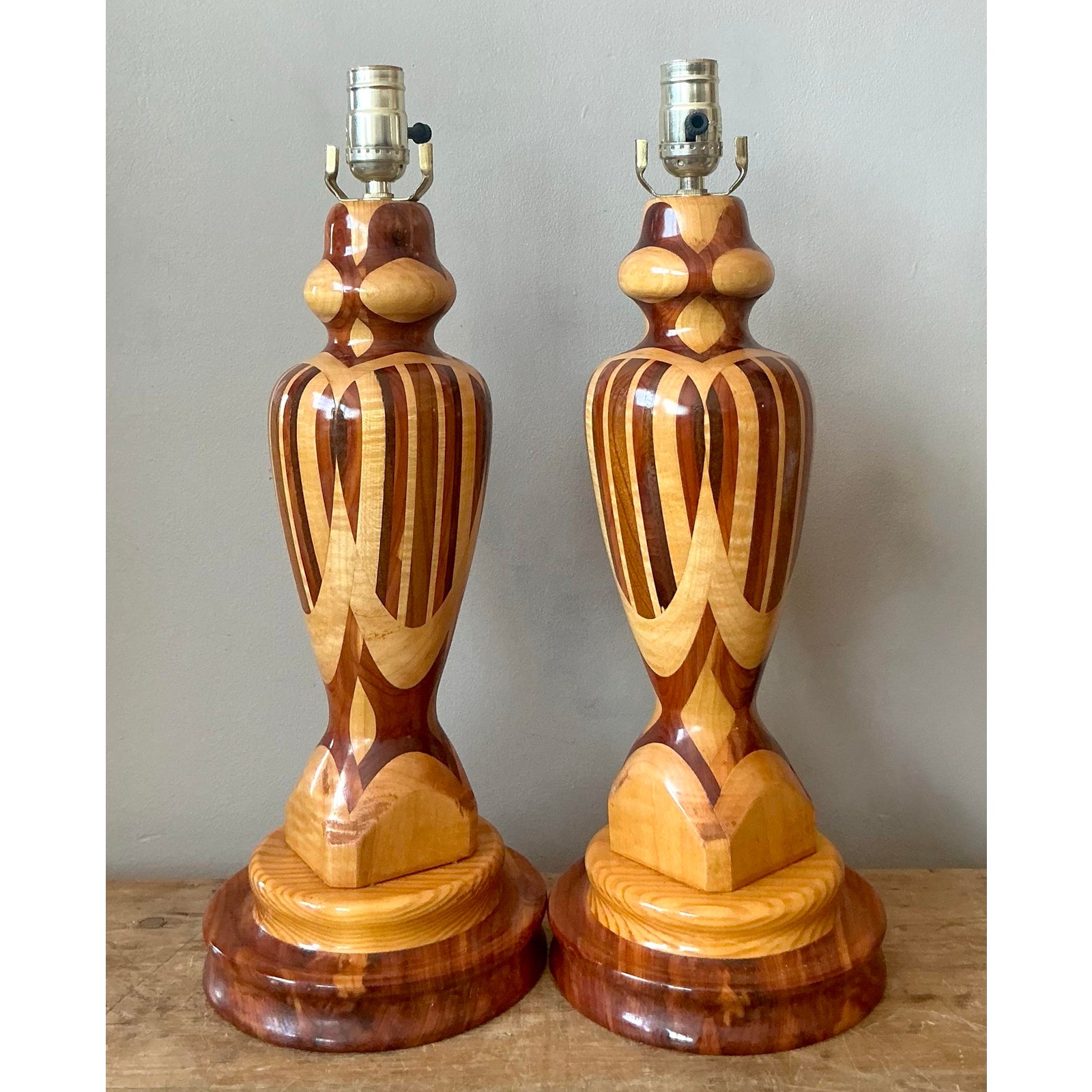 Vintage Boho Marquetry Wood Lamps - A Pair - Top view