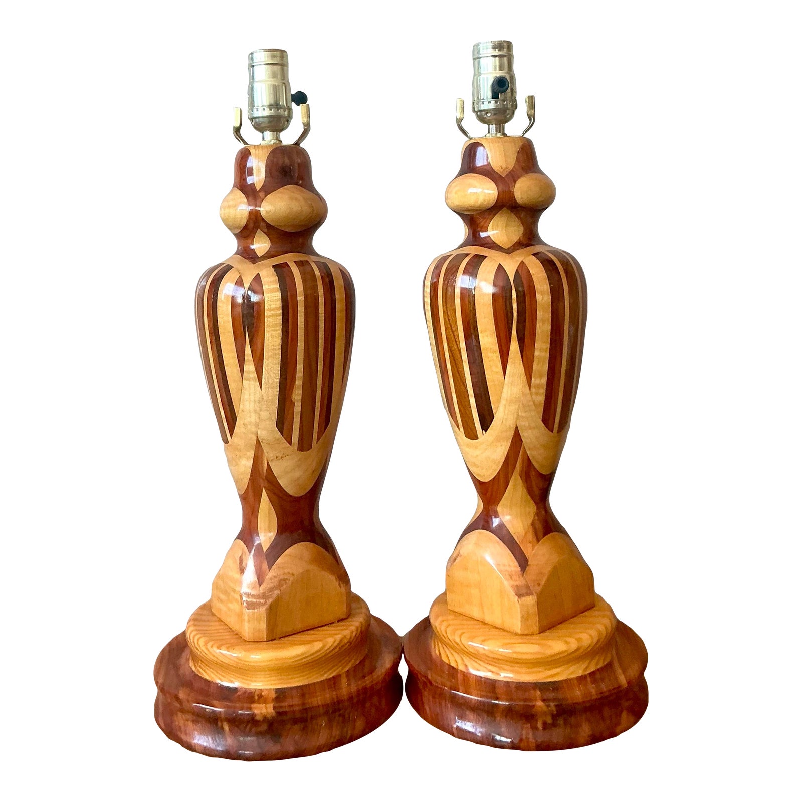 Vintage Boho Marquetry Wood Lamps - A Pair