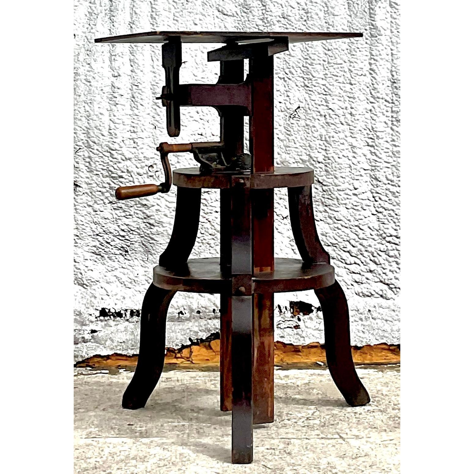 Vintage Boho Primitive Crank Pedestal - Back view