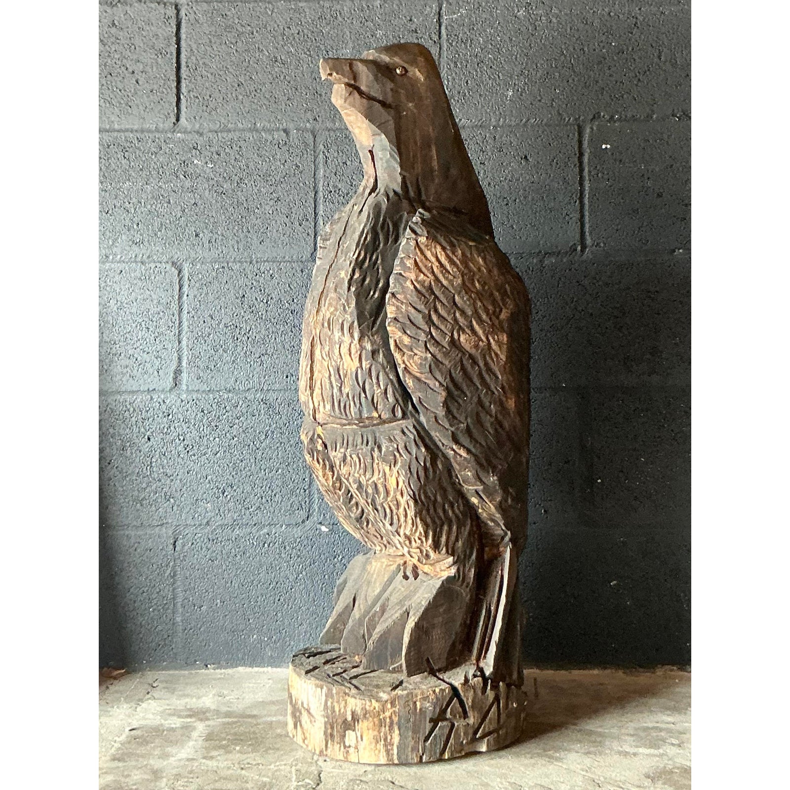 Vintage Boho Hand Carved Eagle Sculpture - Side view