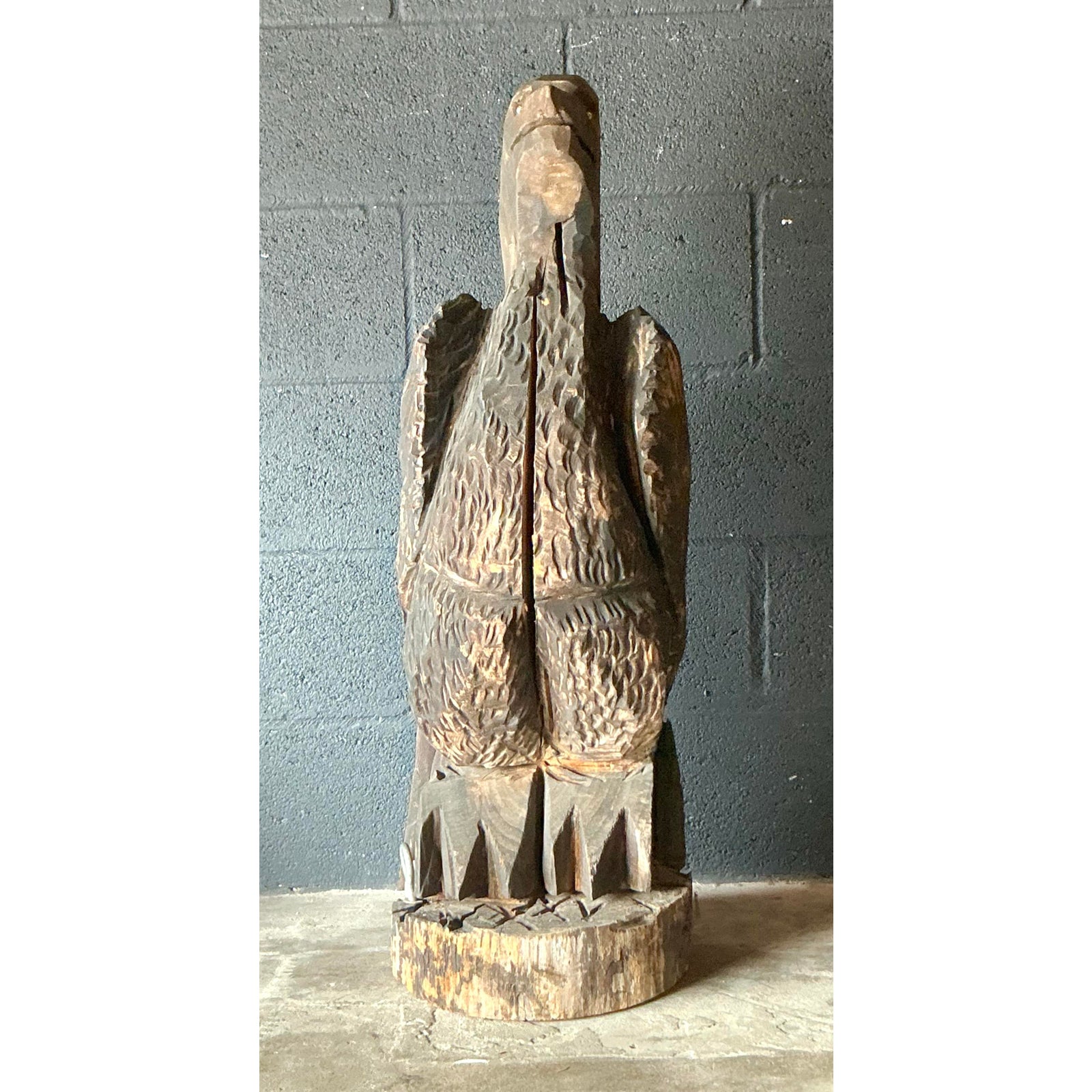 Vintage Boho Hand Carved Eagle Sculpture - Back view