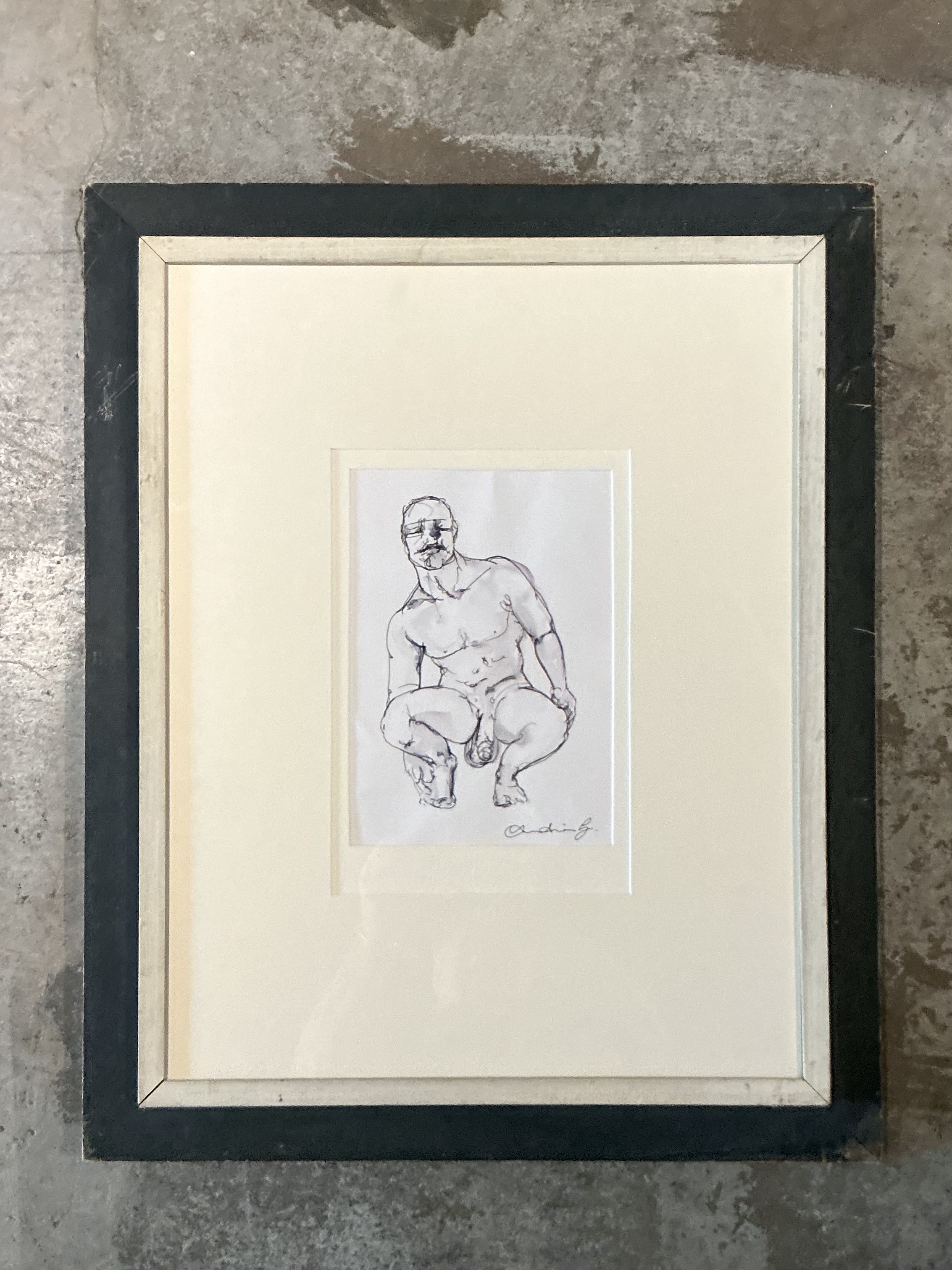 Vintage Boho Original Ink On Paper a nude Sketch Of Man - Detail view