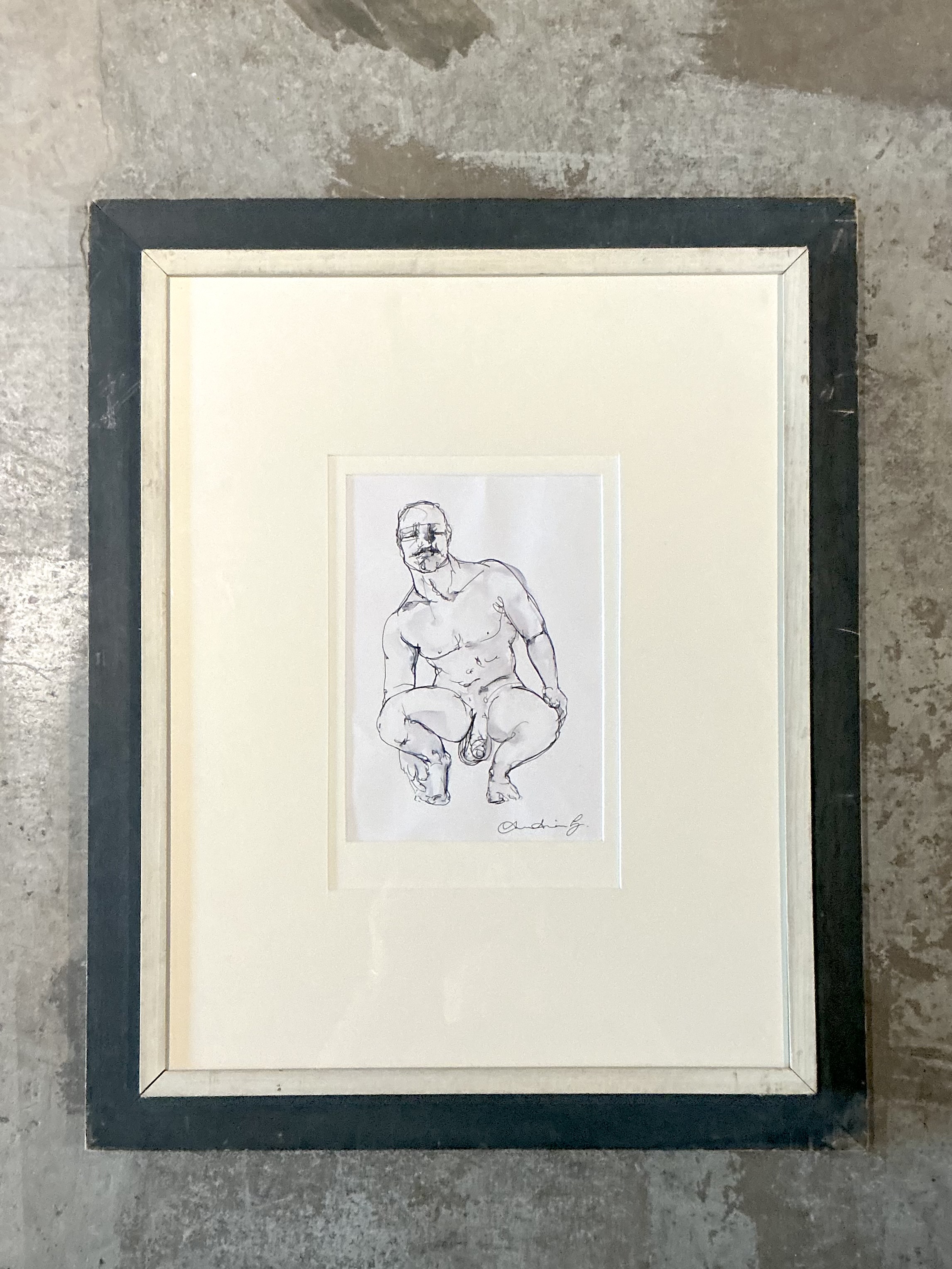 Vintage Boho Original Ink On Paper a nude Sketch Of Man - Side view
