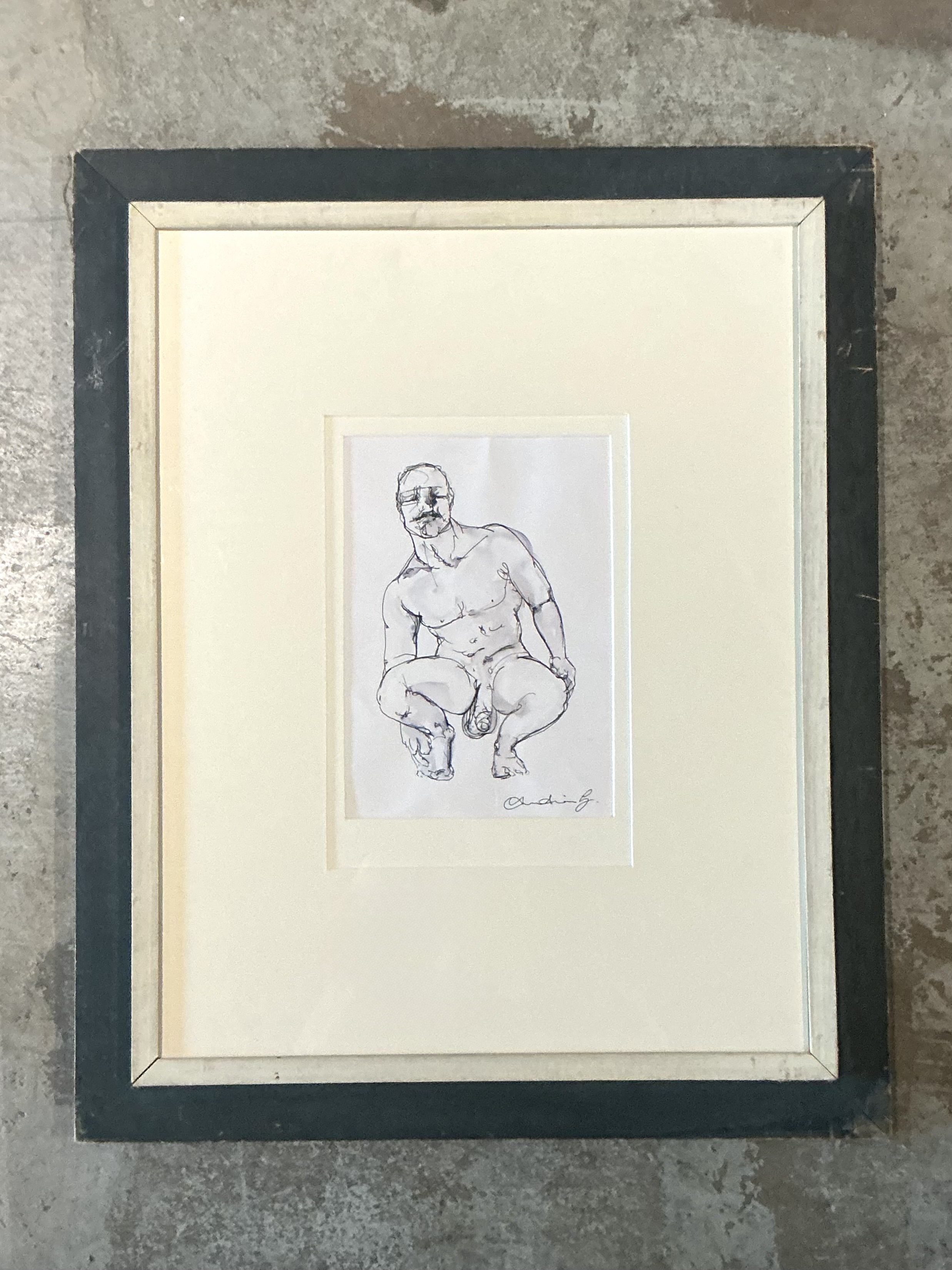 Vintage Boho Original Ink On Paper a nude Sketch Of Man - Back view