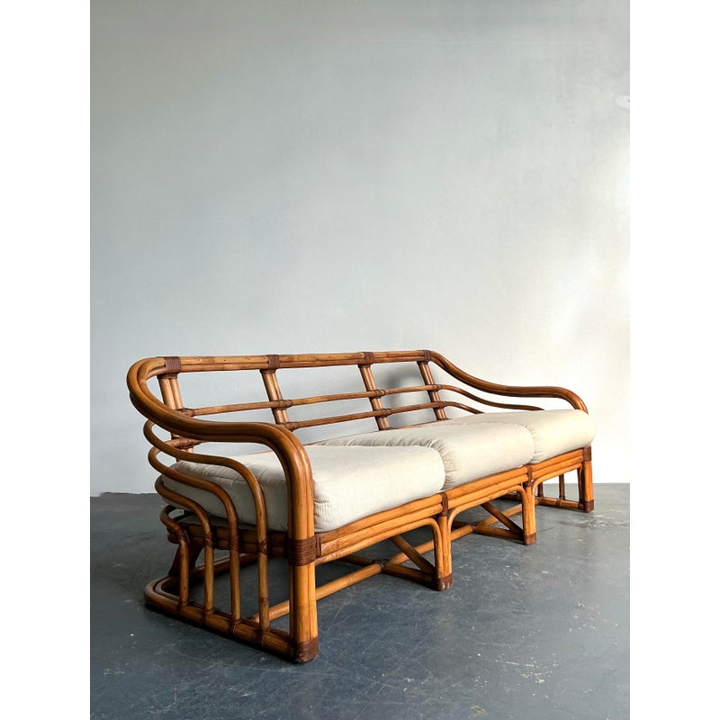 Vintage Boho Brown Jordan Bent Rattan Sofa - Detail view