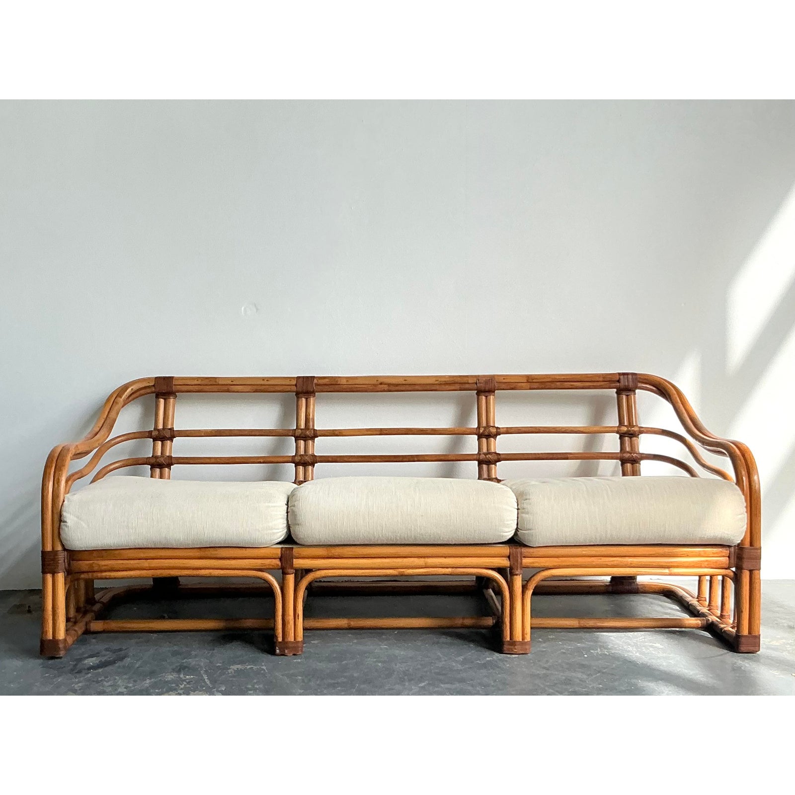 Vintage Boho Brown Jordan Bent Rattan Sofa - Top view
