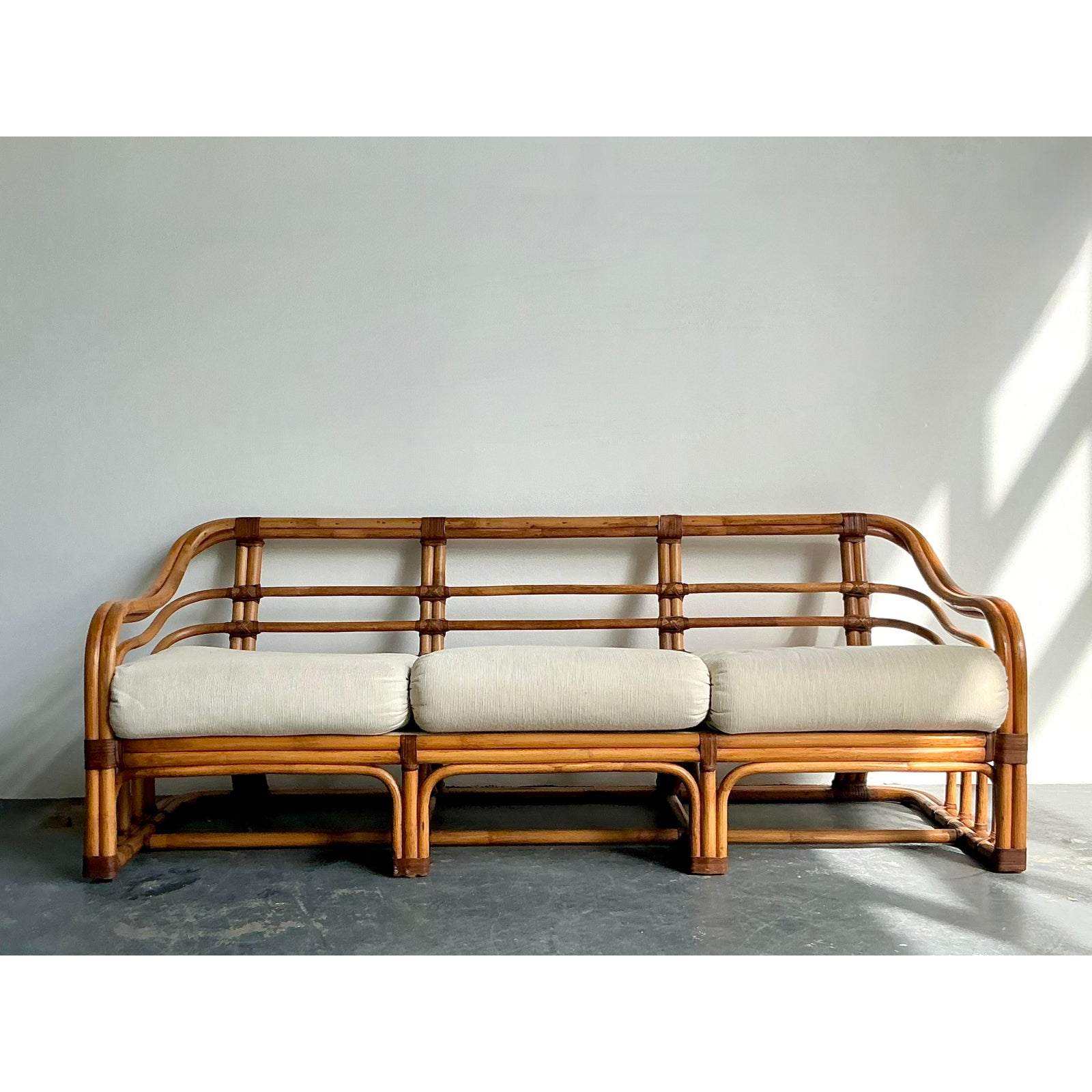 Vintage Boho Brown Jordan Bent Rattan Sofa - Back view