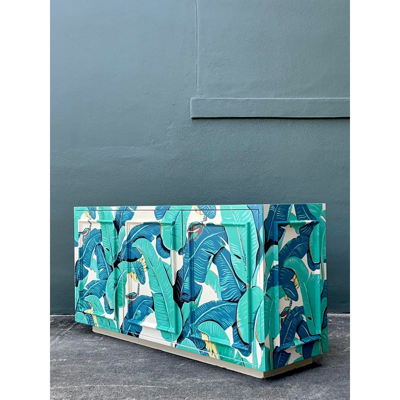 Vintage Boho Hand Painted Palm Frond Credenza - Detail view