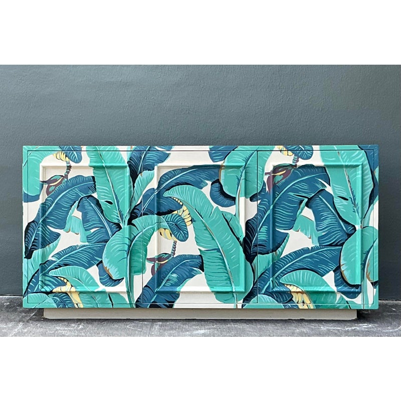 Vintage Boho Hand Painted Palm Frond Credenza - Top view