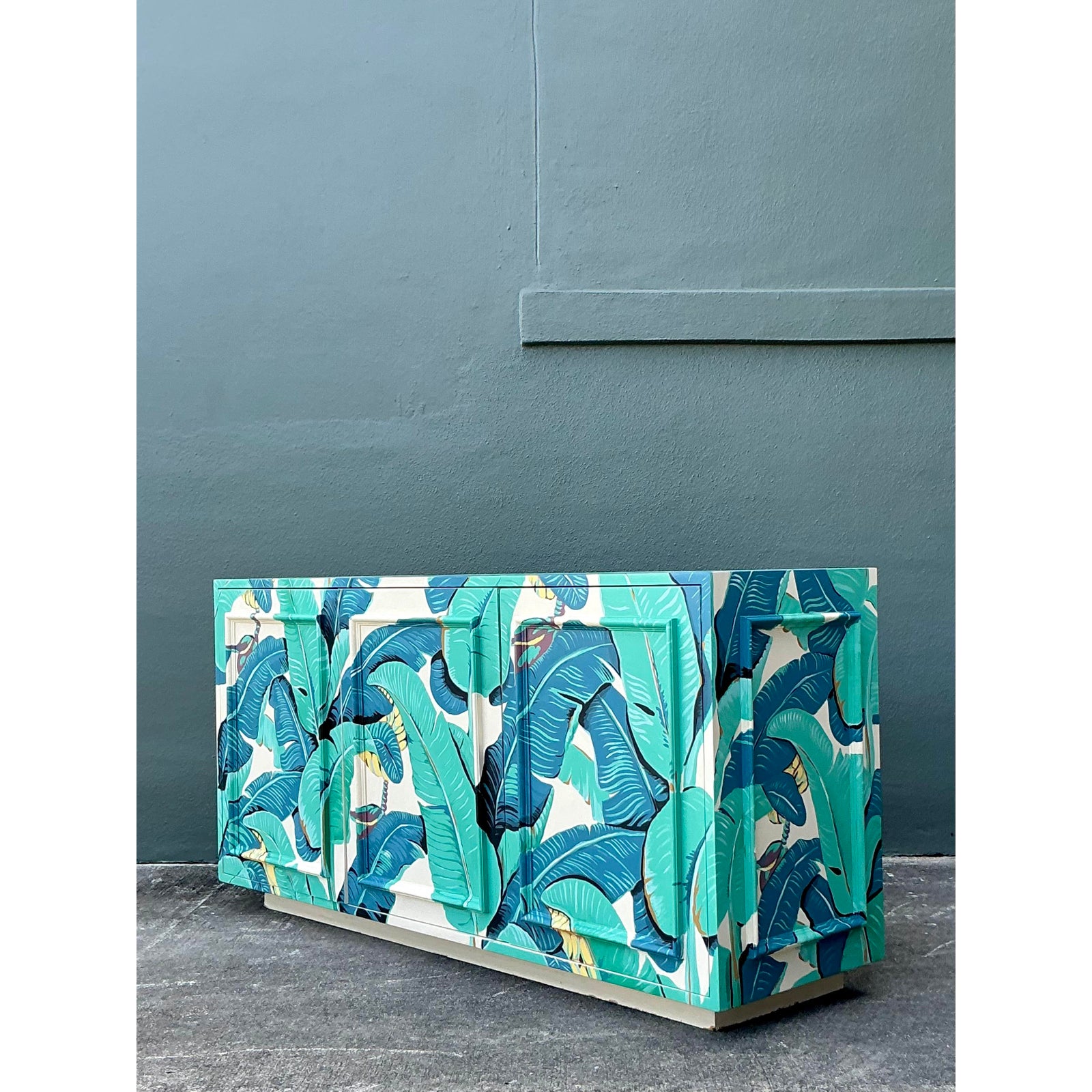 Vintage Boho Hand Painted Palm Frond Credenza - Side view