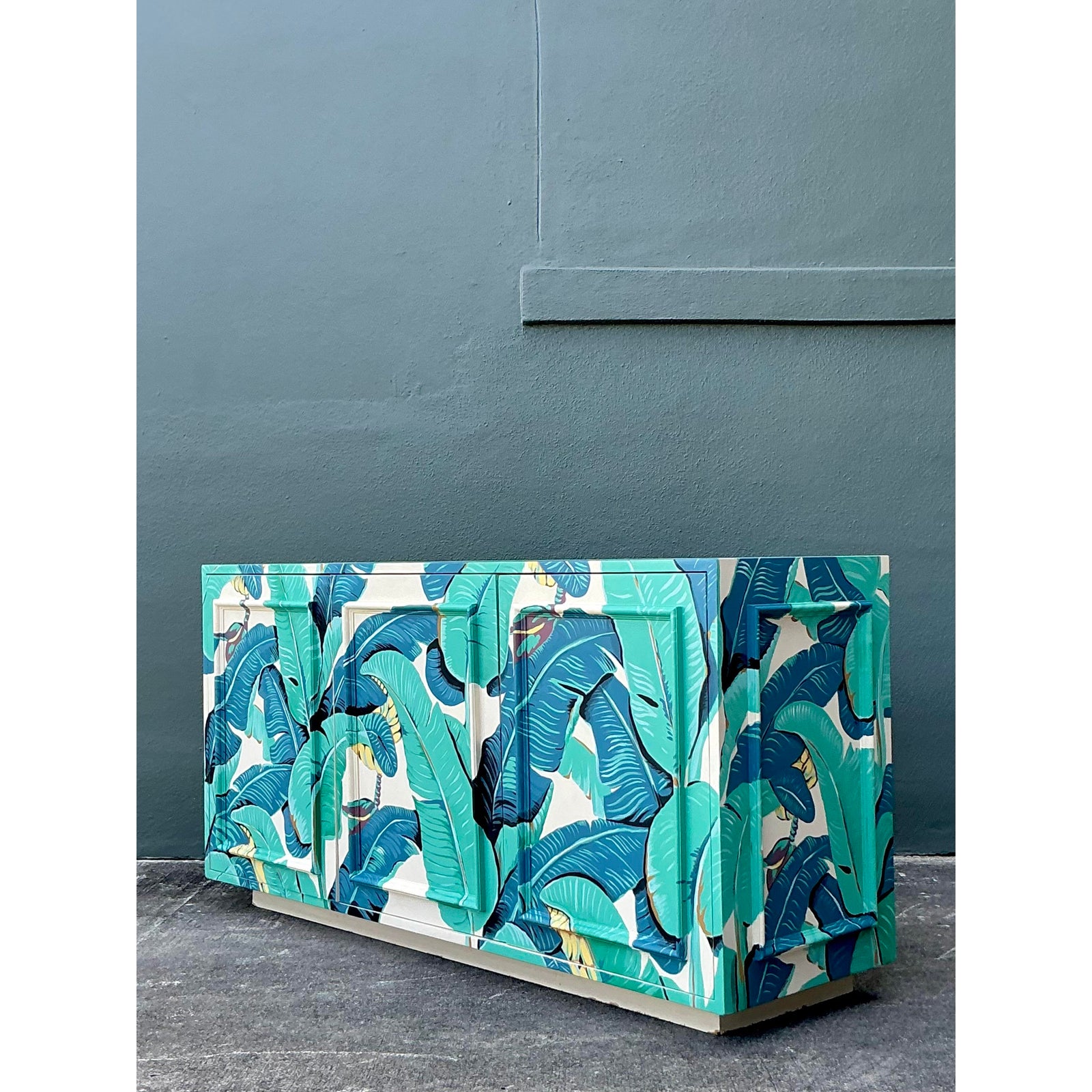 Vintage Boho Hand Painted Palm Frond Credenza - Back view