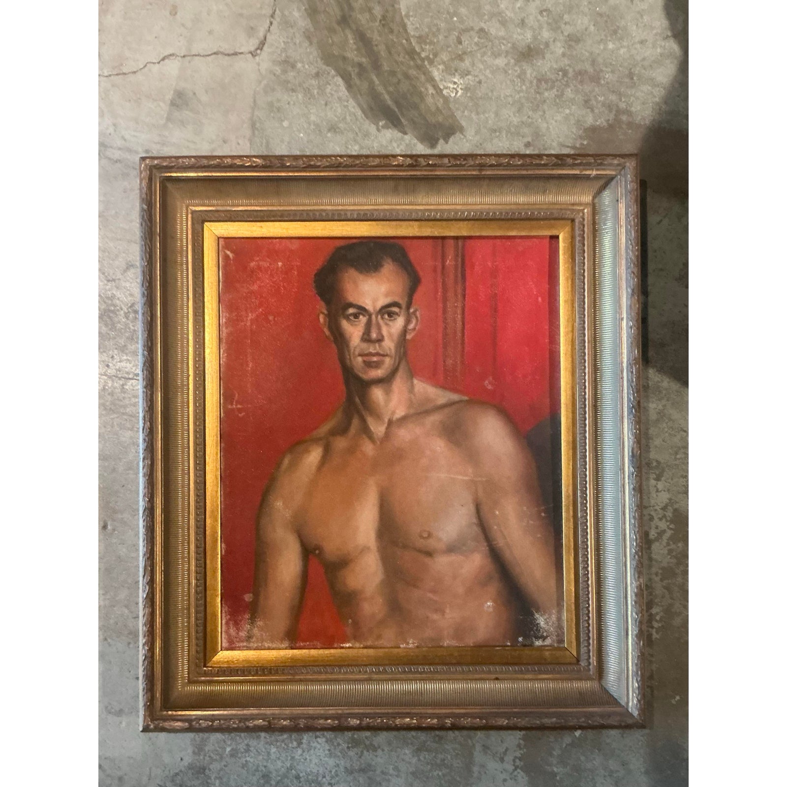 Vintage Boho Original Oil Portrait of Man - Canvas, 27.75W x 31.5H - Detail view