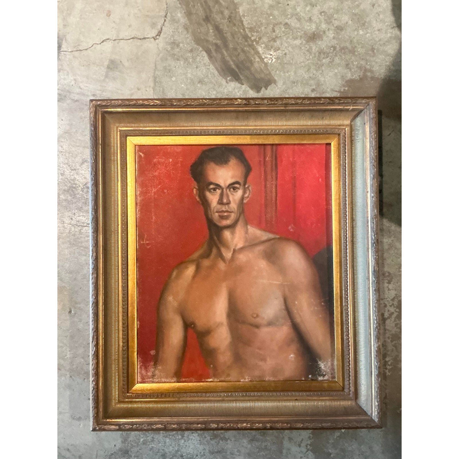 Vintage Boho Original Oil Portrait of Man - Canvas, 27.75W x 31.5H - Side view