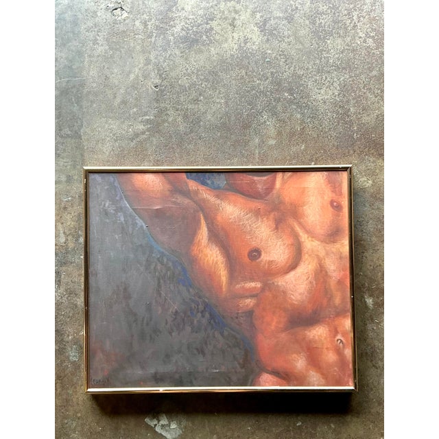 Vintage Boho Original Oil Canvas of Male Torso - Top view