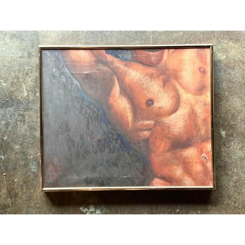 Vintage Boho Original Oil Canvas of Male Torso - Side view