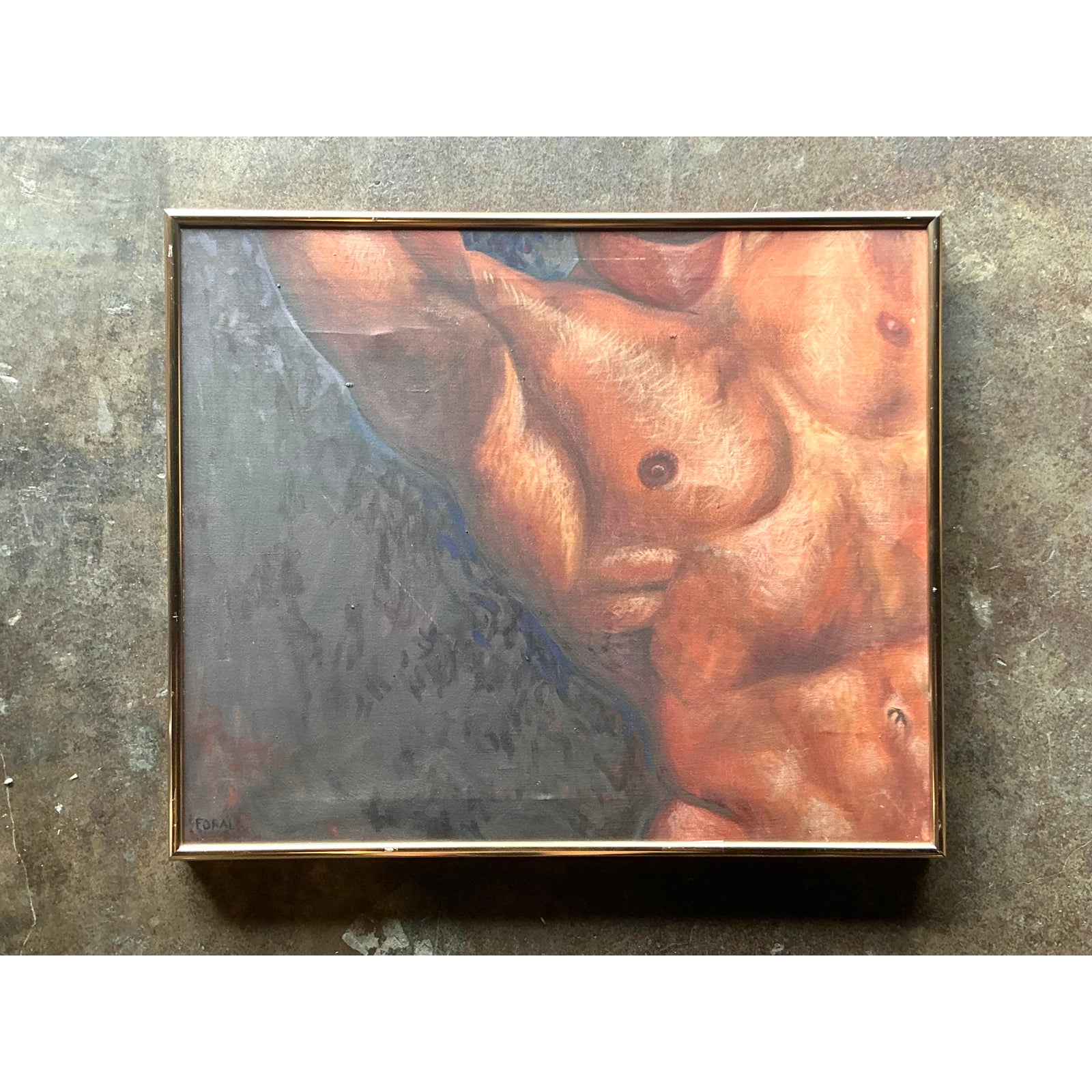 Vintage Boho Original Oil Canvas of Male Torso - Back view