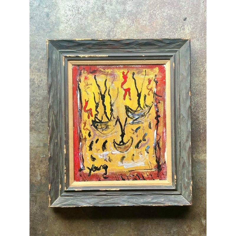 Vintage Boho Purvis Young Abstract Figurative Oil on Canvas - Detail view