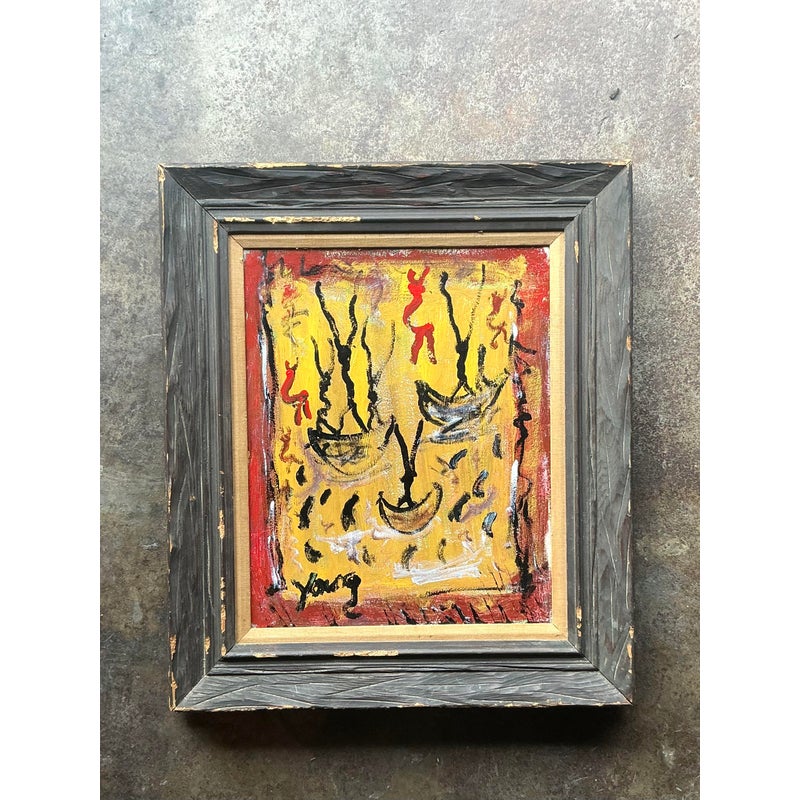 Vintage Boho Purvis Young Abstract Figurative Oil on Canvas - Side view