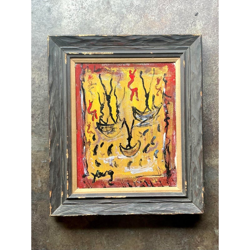 Vintage Boho Purvis Young Abstract Figurative Oil on Canvas - Back view