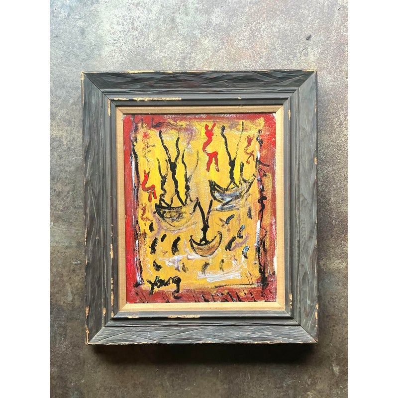 Vintage Boho Purvis Young Abstract Figurative Oil on Canvas - Top view