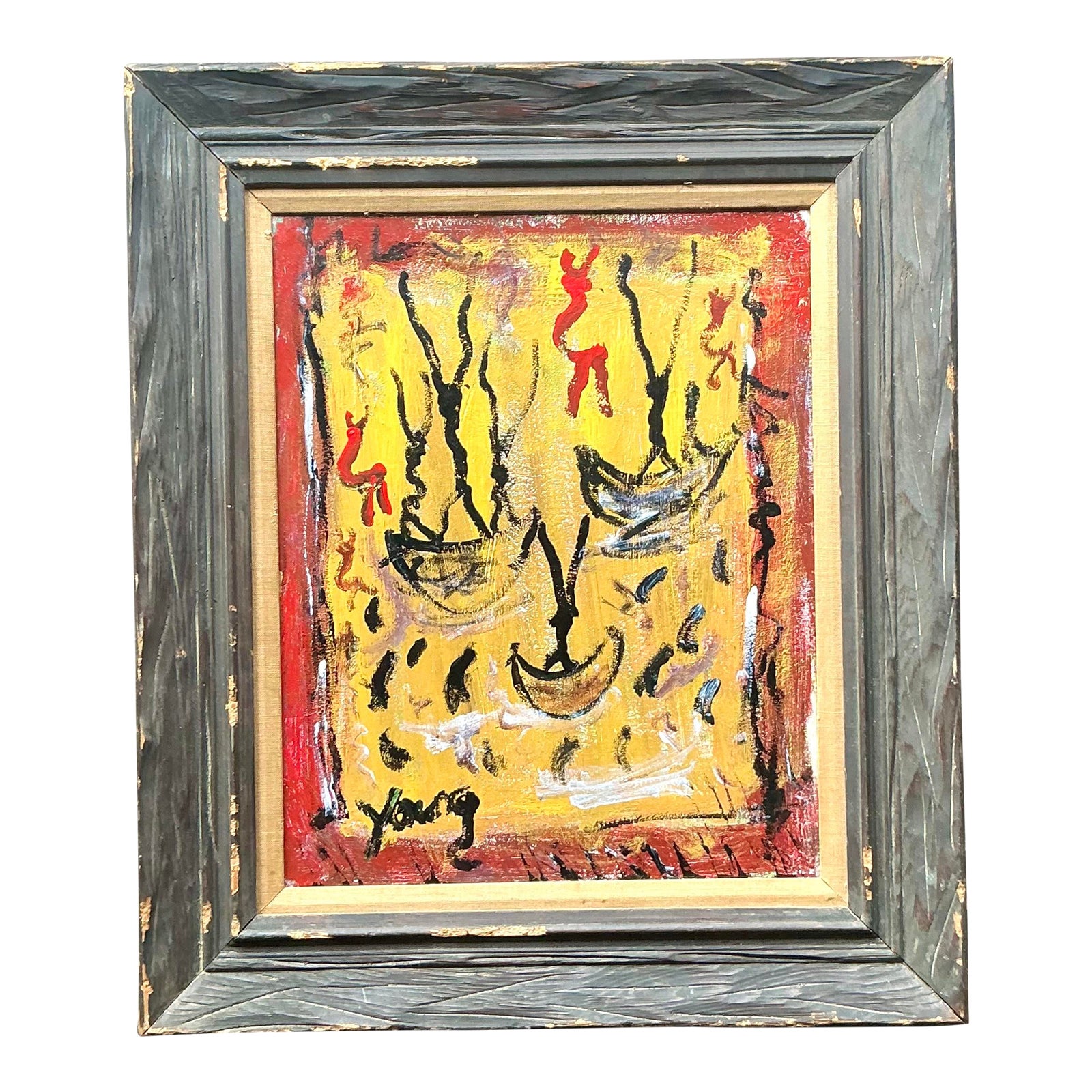 Vintage Boho Purvis Young Abstract Figurative Oil on Canvas