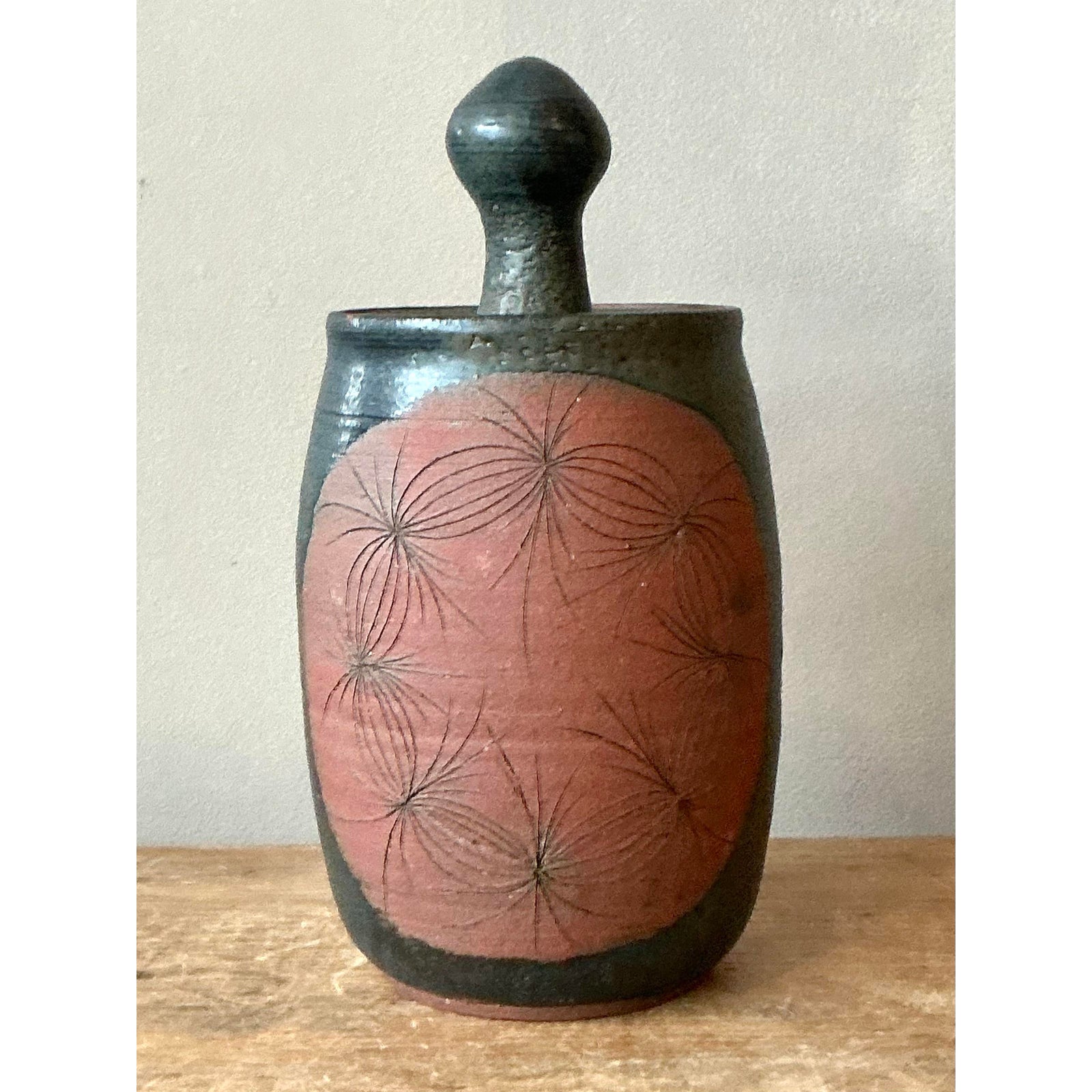 Vintage Boho Original Studio Pottery Lidded Vase` - Back view