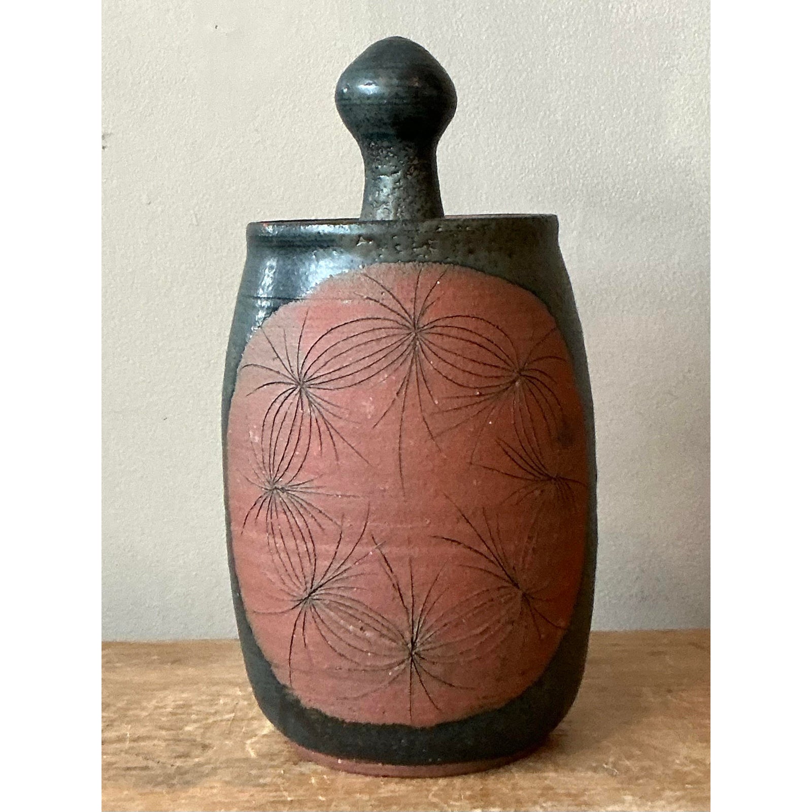 Vintage Boho Original Studio Pottery Lidded Vase` - Detail view
